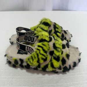 UGG Neon Yellow and Black Fuzzy Slippers